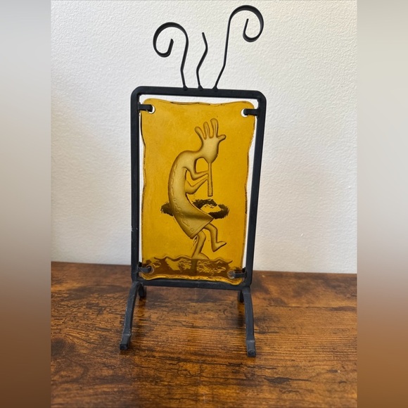 Yellow Kokopelli Glass Art with Black Metal Cast Iron Tea Light Candle holder - Picture 2 of 3